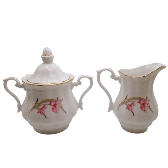 Walbrzych Poland Sugar Bowl Creamer Set Porcelain Gold Trim Floral Design VTG - Picture 3 of 12